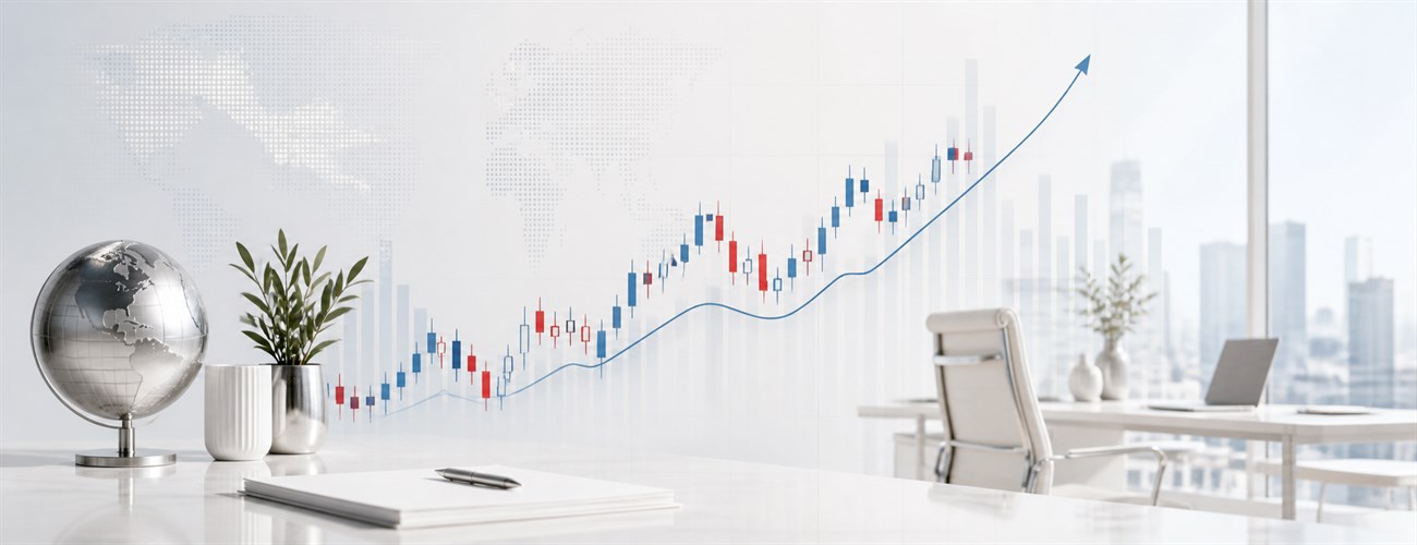 Light financial workspace with global market charts